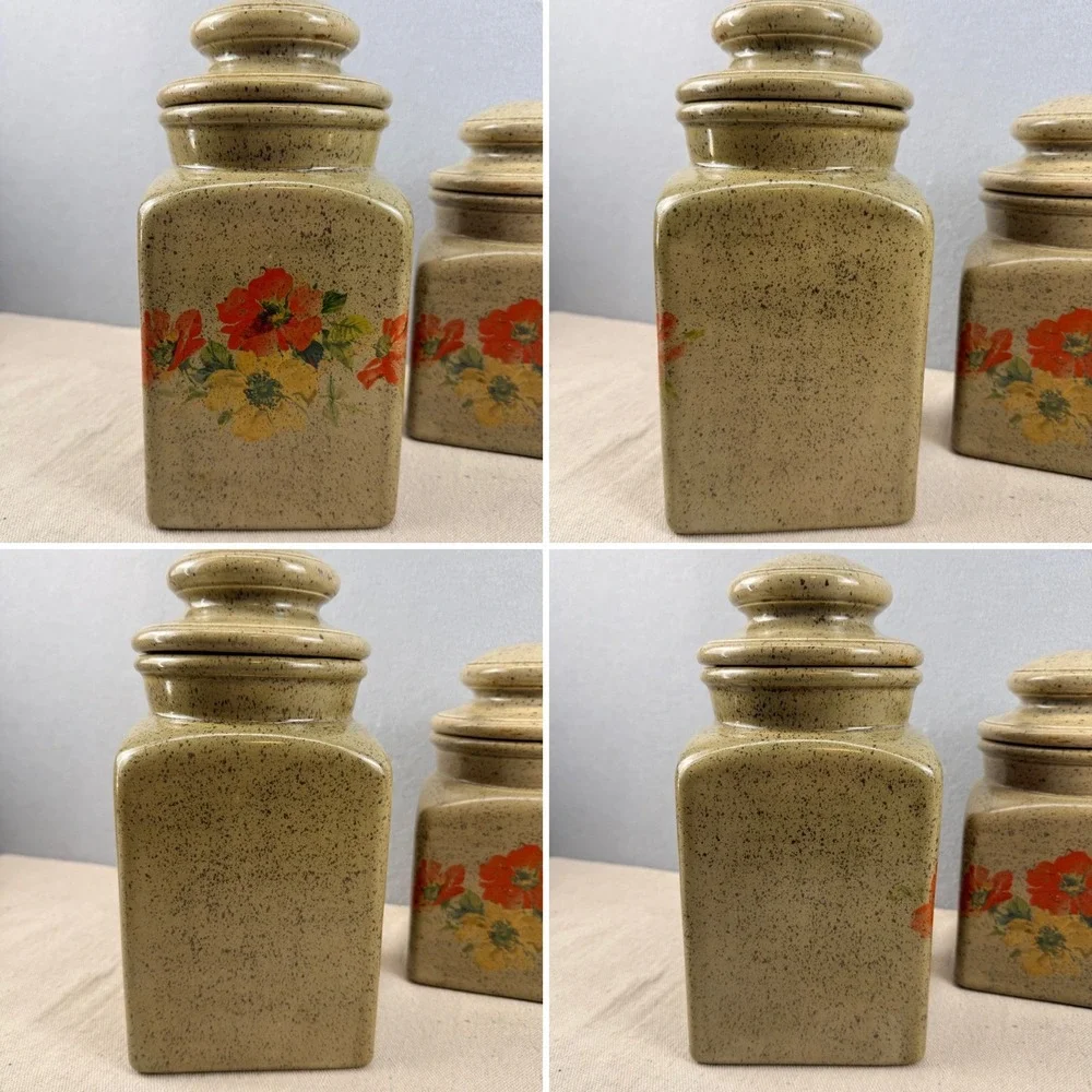 Vintage Clara's Ceramics Floral‎ Canister Set 3 Speckled Stoneware Retro Kitchen